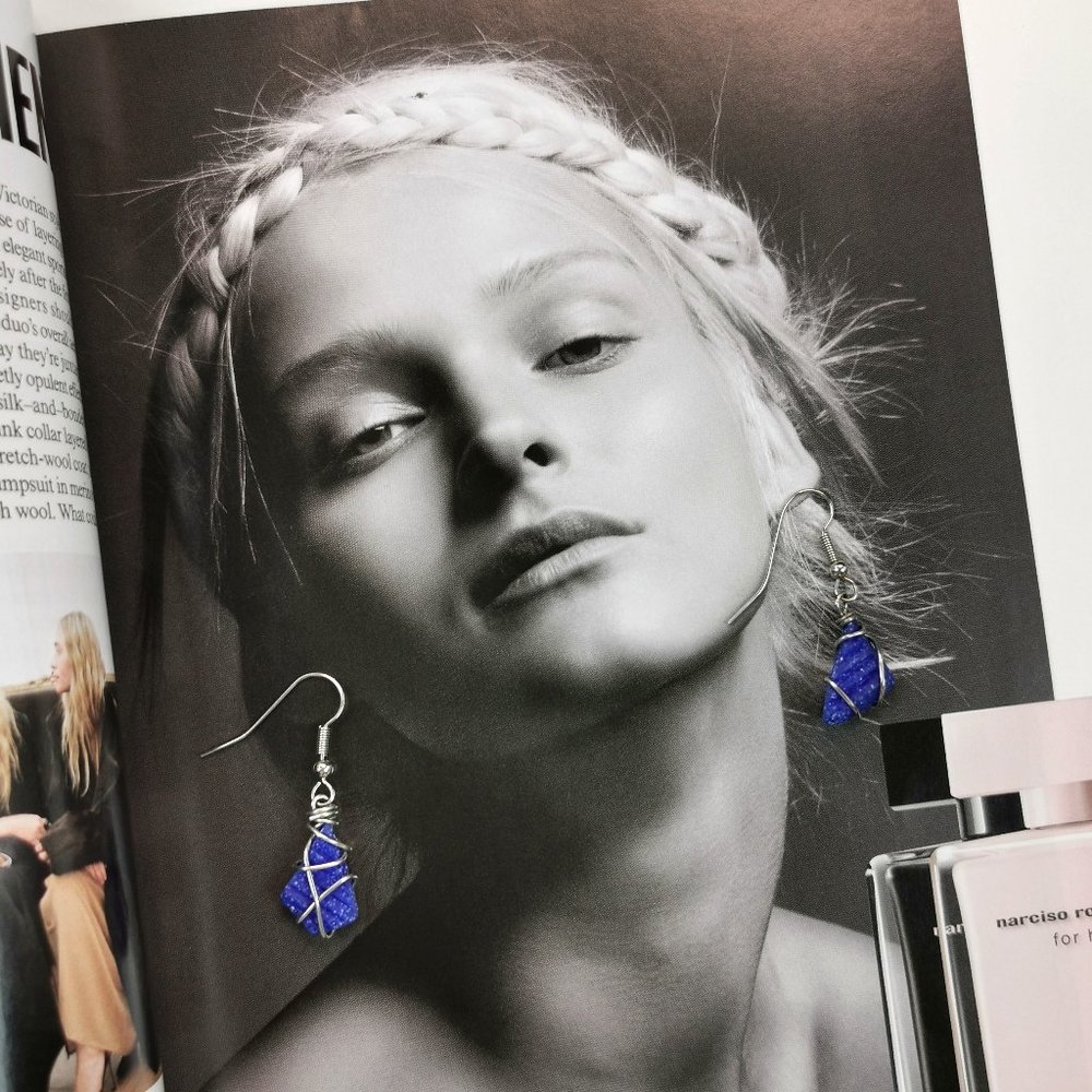 Silver Wire Wrapped Blue Tile Asymmetric Earrings